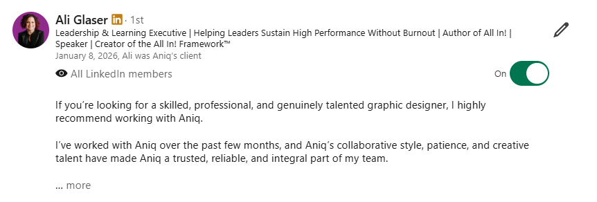 Client testimonial for Aniq Waqar personal brand design services