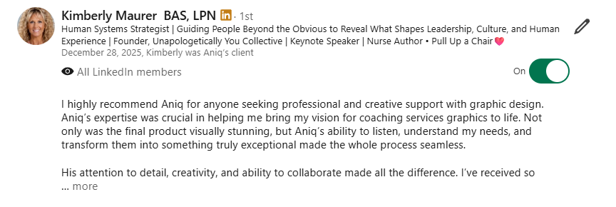 Client testimonial for Aniq Waqar personal brand design services