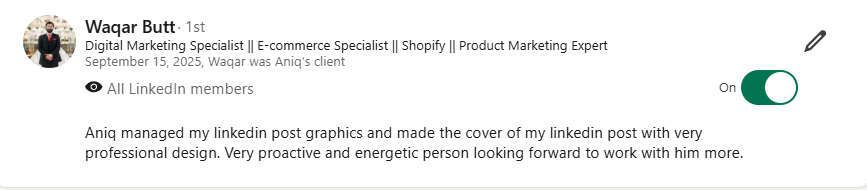 Client testimonial for Aniq Waqar personal brand design services
